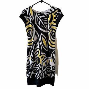 Cache Black White Yellow Leaf Short Sheath Lined Dress Sequin Size 4 *READ*‎